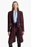 Acaria Studio burgundy shorts with blue check pattern, casual fit, lightweight fabric, and elastic waistband for comfortable wear.