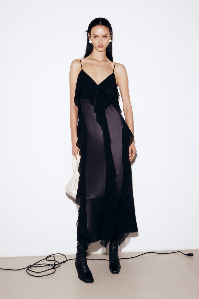 BLACK MIDI DRESS WITH SHIFFON RUFFLE DETAILS - CULT MIA