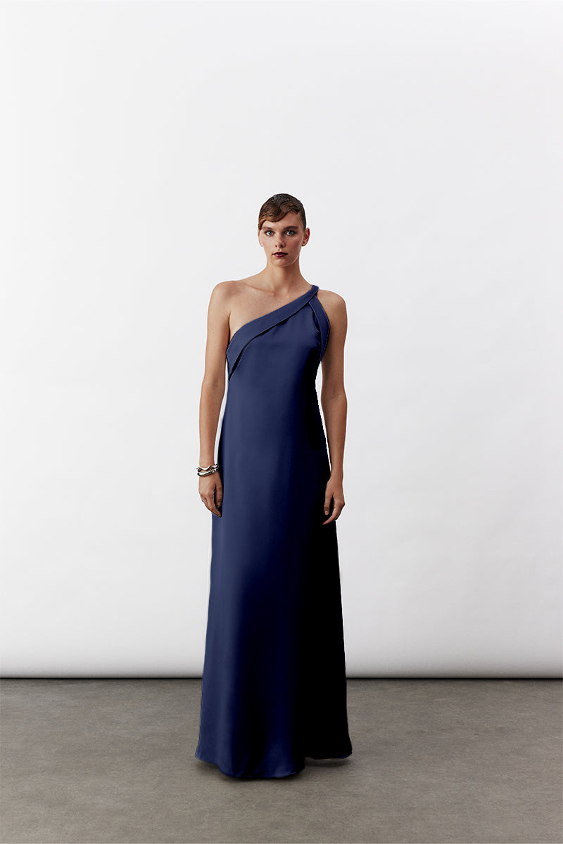 AIMEE LONG SATIN DRESS IN NAVY BLUE