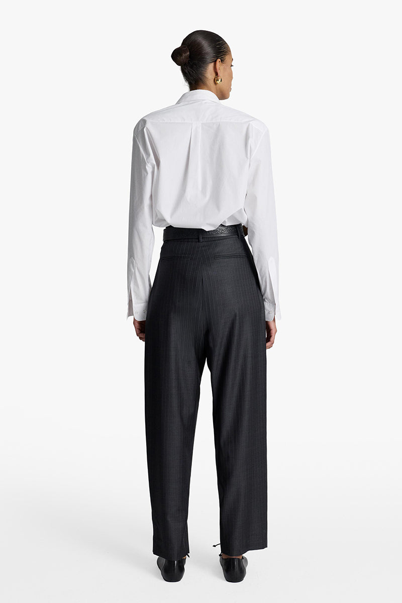 Acaria Studio Jasmin Pants in dark gray with subtle gray stripes, comfortable and stylish pants for casual wear.