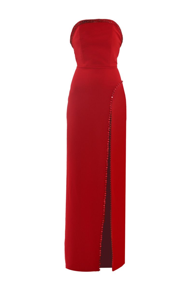 RED CRYSTAL BUTTONS LONG DRESS - CULT MIA