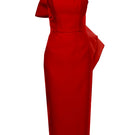 Red BAÉ KIRA midi dress with side bow, sleeveless design, fitted waist, and flowing skirt, perfect for elegant occasions.