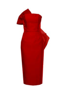 Red BAÉ KIRA midi dress with side bow, sleeveless design, fitted waist, and flowing skirt, perfect for elegant occasions.
