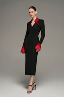 Black and red V-neck flared cuff knee-length midi dress by I.H.F Studio, featuring a stylish V-neck and flared sleeves.
