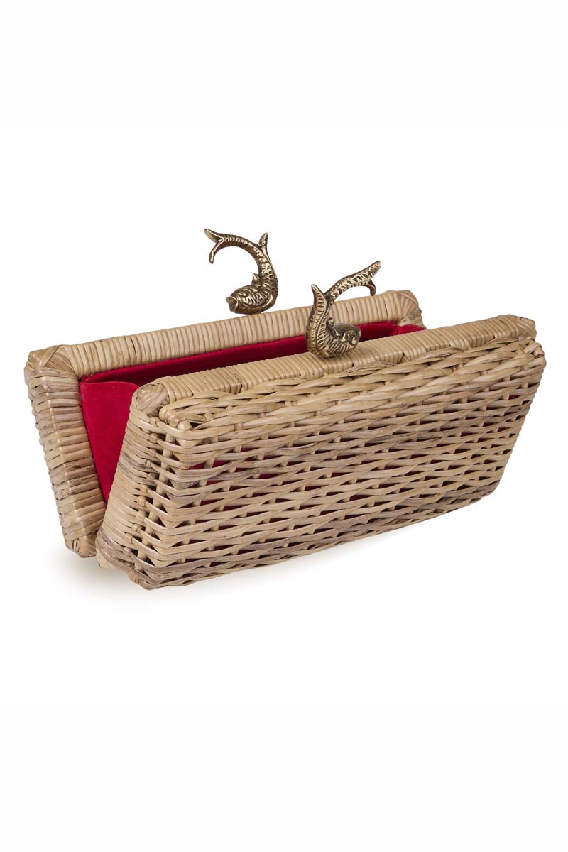 Waiwai Rio rattan sardine clutch with woven rattan design and compact rectangular shape, perfect for casual and evening use.