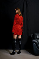 Red Paris Jacquard mini dress by Acaria Studio, featuring intricate woven patterns and a stylish, fitted silhouette.