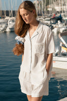 White Hydrasilk short pajamas set by Not Just Pajama, featuring soft, lightweight fabric and a relaxed fit for comfortable sleepwear.