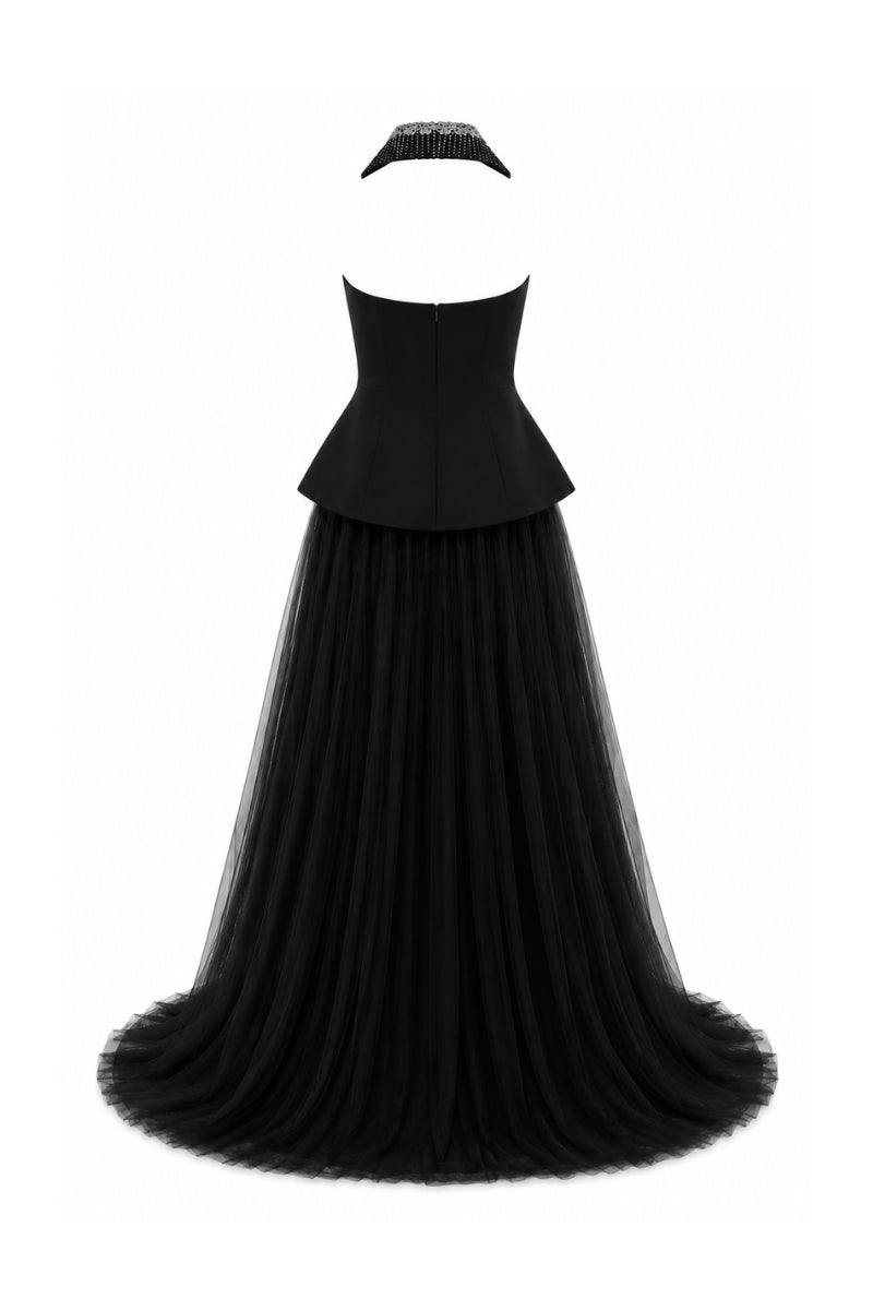 Lili Blanc black floor-length evening gown with elegant fitted silhouette and flowing fabric, suitable for formal occasions.