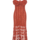 Handmade terracotta crochet chrysanthemum midi dress by Andreeva, featuring detailed floral embroidery and a flowing silhouette.