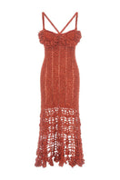 Handmade terracotta crochet chrysanthemum midi dress by Andreeva, featuring detailed floral embroidery and a flowing silhouette.
