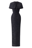 Elegant black bustier gown with a mini cape from I.H.F, featuring fitted bodice and stylish cape detail.