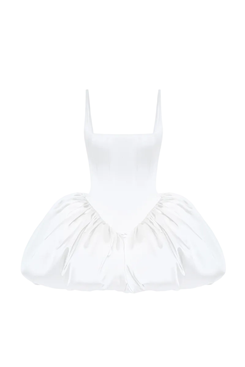 BalYKINA Charlotte Ivory Mini Dress shown on a model, featuring a stylish, elegant design perfect for special occasions.