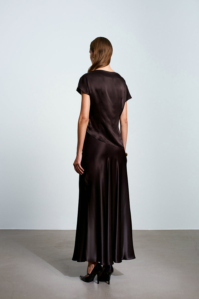 Acaria Studio Greek satin top in brown, featuring a stylish sleeveless design with a smooth, shiny satin fabric.