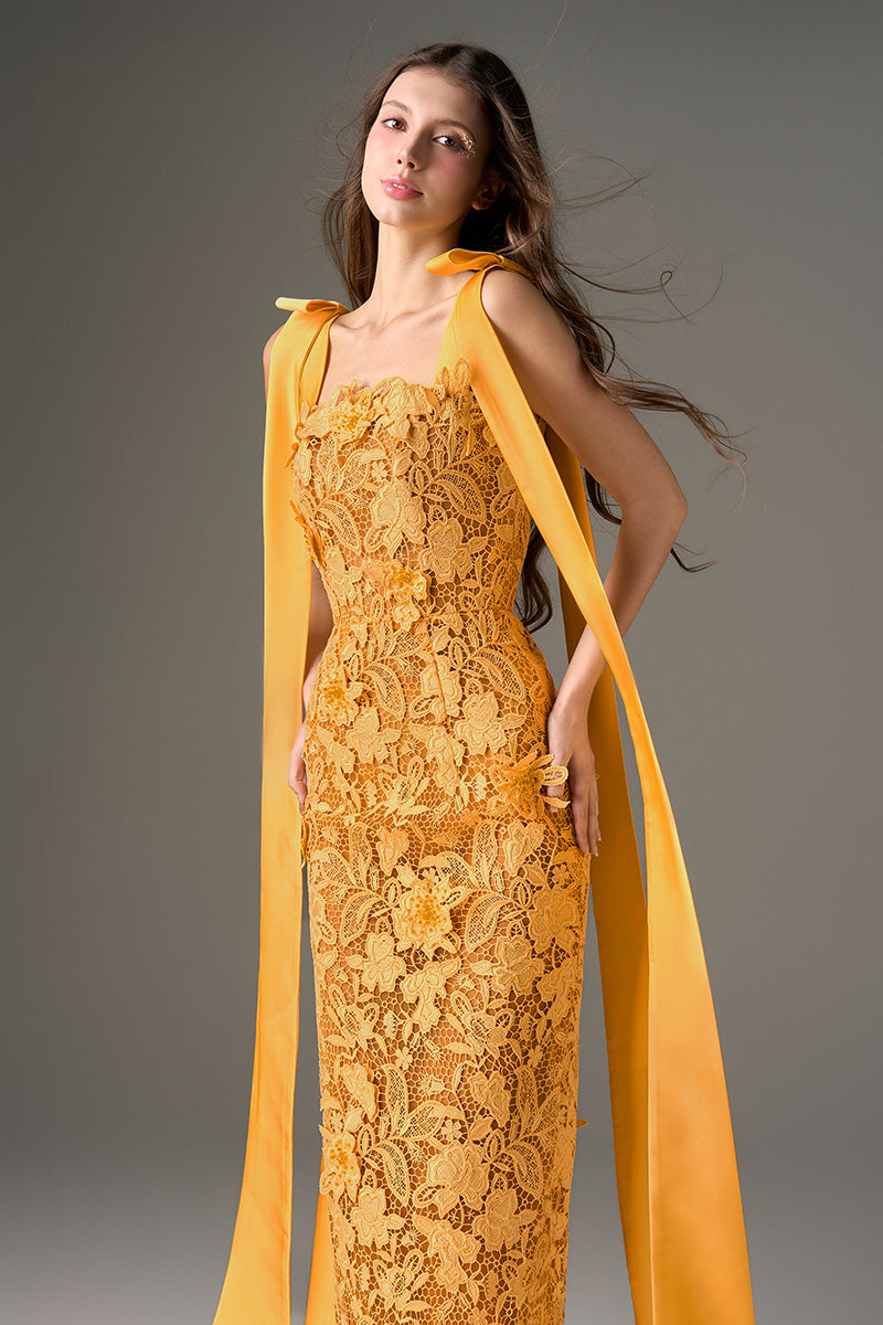 I.H.F Studio Cult Mia X floral garden orange lace maxi dress with a fitted column silhouette and elegant design.
