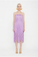 Lilac Valenciani fringe midi dress with all-over fringe detailing and flowing silhouette, perfect for stylish evening wear.