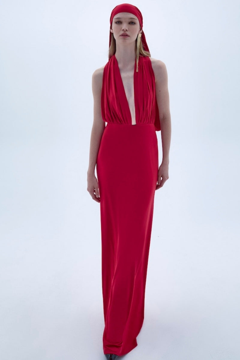 Nazlı Ceren INES Jersey Long Red Maxi Dress displayed with flowing fabric and elegant design.