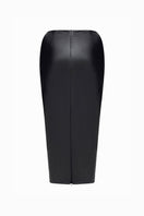 Black leather midi skirt by Balykina displayed on a model, showcasing its sleek, fitted design and smooth leather texture.