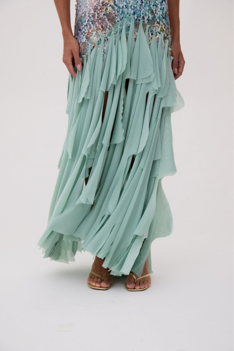 Mint Kontenta Marina party dress, a stylish maxi dress with a flowy silhouette and elegant design, perfect for special occasions.