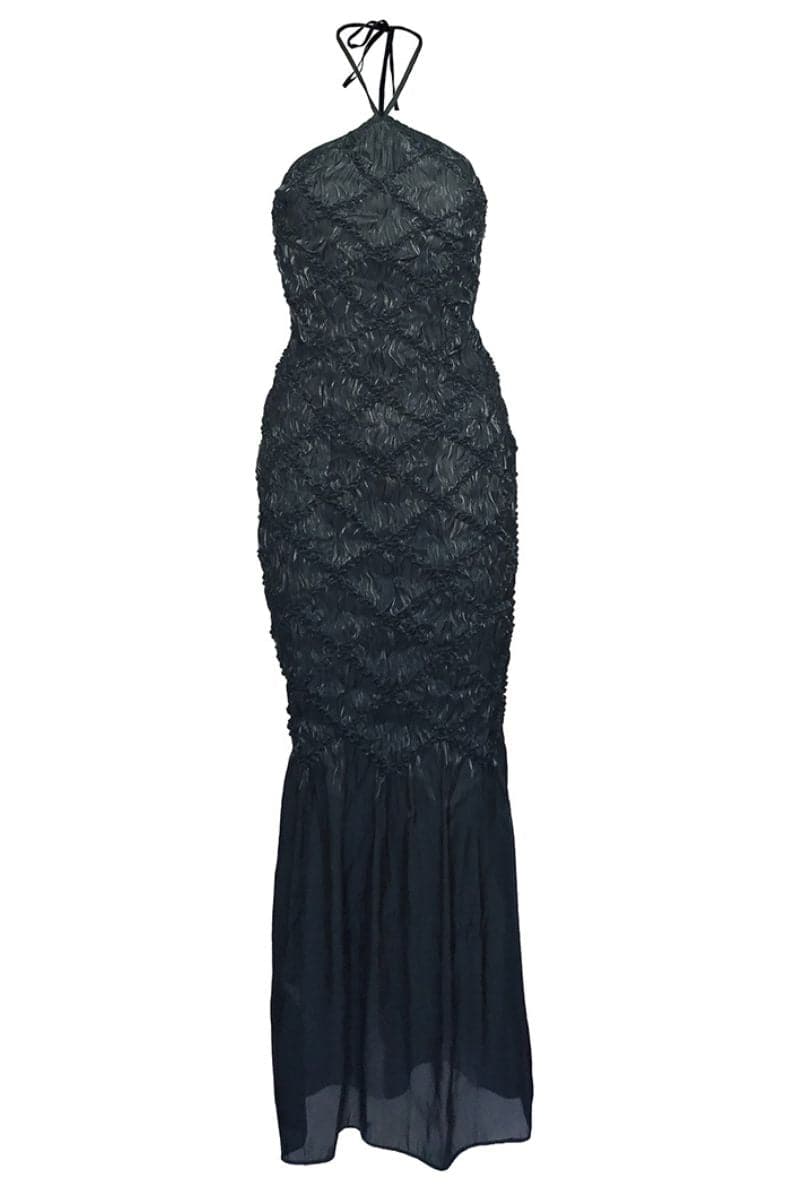 SOFIA BLACK HALTER NECK SHIBORI FITTED MAXI DRESS - CULT MIA