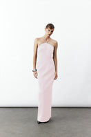 Nazlı Ceren Violette long crepe maxi dress in powder pink, flowing design with elegant long sleeves and a fitted waist.