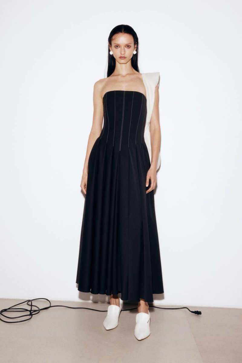 BLACK WOOL CORSET MIDI DRESS WITH WHITE STITCH DETAIL - CULT MIA