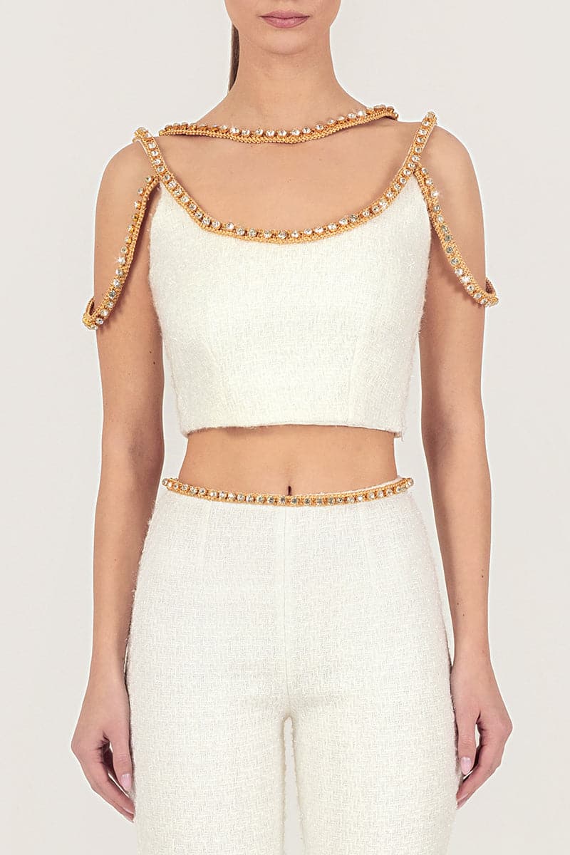 Gold thread-embroidered tweed top by Monika Dimova, showcasing intricate embroidery and textured fabric detail.