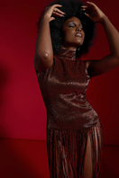 Onalaja Ellis brown fringe midi dress with flowing fabric and detailed fringe accents, perfect for stylish occasions.