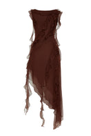 OvertheSea Mirage Brown Mini Dress displayed on a hanger, showcasing its stylish short dress design and rich brown color.