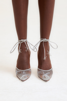 Christin Wu Sienna white embroidered mesh heels with elegant design and open toe for fashionable footwear.