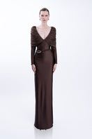 LEDIEL Dakota Taupe Dress gown with flowing fabric and elegant design, displayed on a hanger against a neutral background.