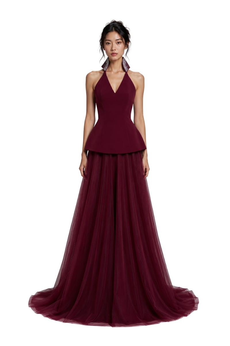 Lili Blanc burgundy floor-length evening gown with elegant draping and sleeveless design, perfect for formal occasions.