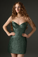 Green Lotus Jacquard Mini Column Dress by I.H.F Studio, featuring a fitted silhouette and intricate jacquard fabric.
