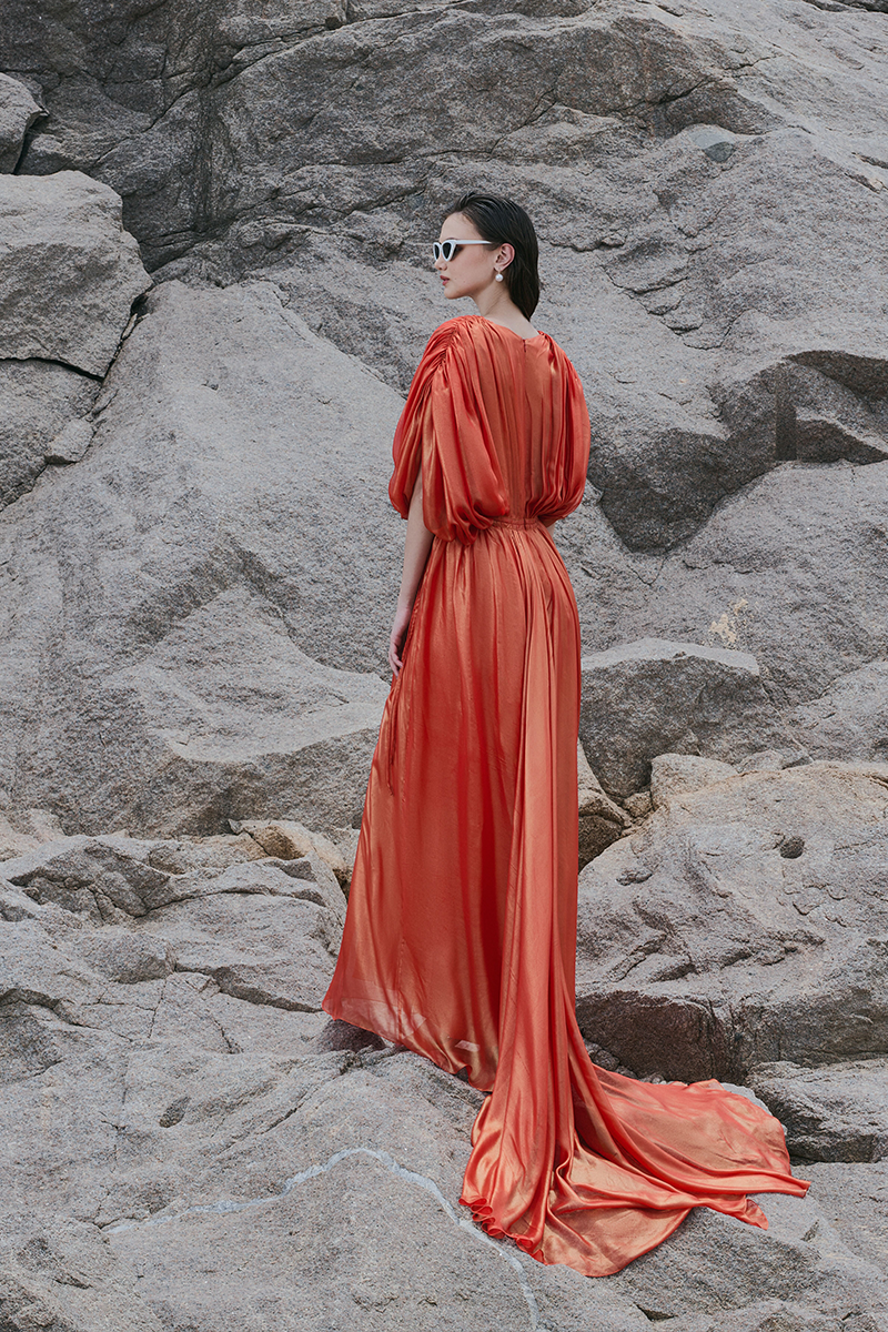 NEMO ORANGE V-NECK DRAPED MAXI DRESS - CULT MIA
