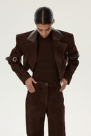 LARETAGGIO GIRRONE suede blazer in earthy brown with classic lapel, tailored fit, and long sleeves, stylish for formal or casual wear.