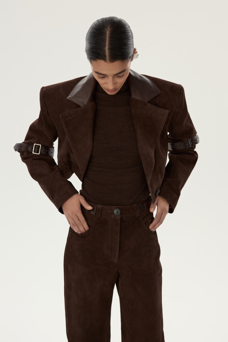 LARETAGGIO GIRRONE suede blazer in earthy brown with classic lapel, tailored fit, and long sleeves, stylish for formal or casual wear.