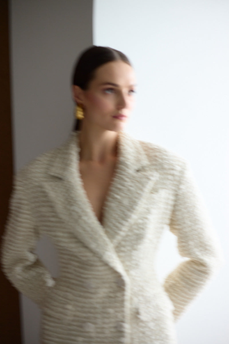 cream tweed & pearl petra mini dress UNDRESS PETRA CREAMY TWEED MINI BLAZER DRESS
