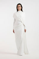 Deme By Gabriella Nadia white draped gown displayed on a hanger, featuring elegant fabric and intricate draping details.