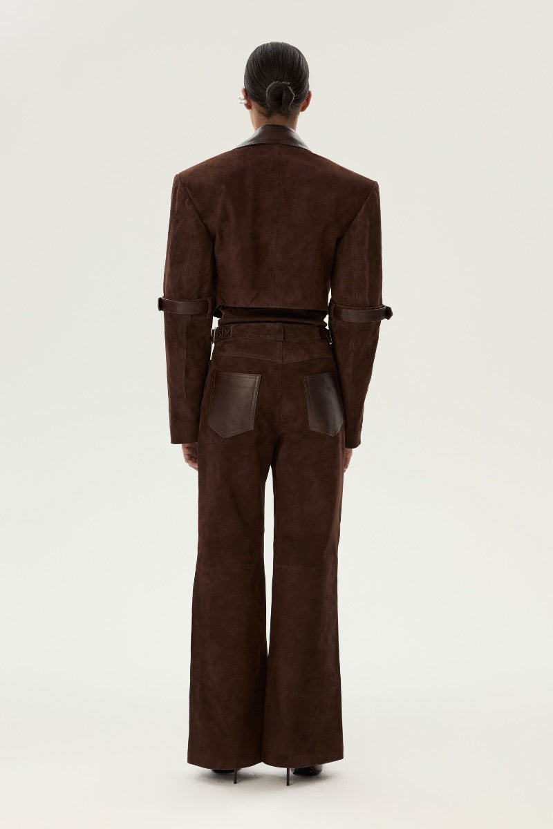 LARETAGGIO Brindissi suede mid-rise trousers in beige with a tailored fit and mid-waist design, shown on a model.