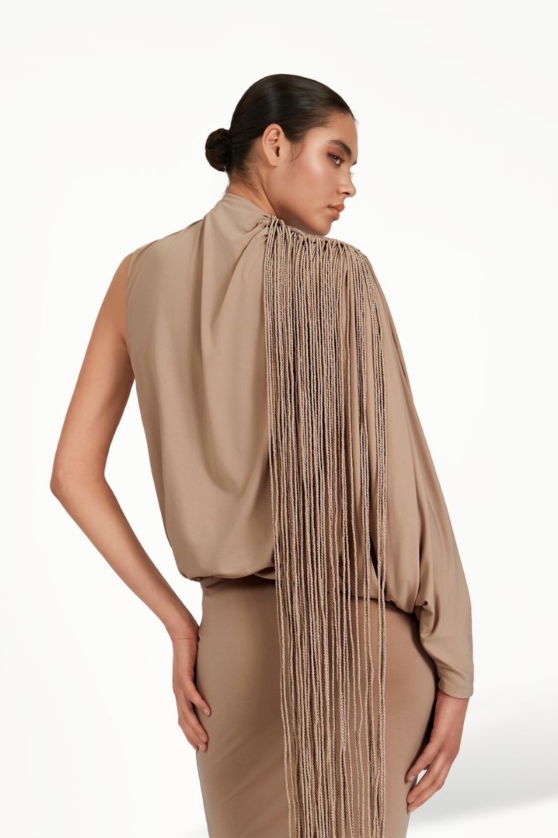 Khanum's taupe maxi dress with a flowing silhouette, featuring elegant fabric and a stylish, comfortable design.