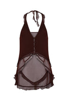 Nelblu Atlas Brown top, stylish women's blouse with long sleeves and a fitted silhouette, displayed on a hanger.