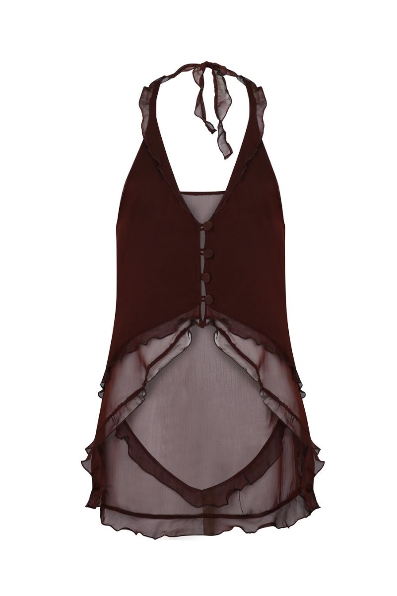 Nelblu Atlas Brown top, stylish women's blouse with long sleeves and a fitted silhouette, displayed on a hanger.