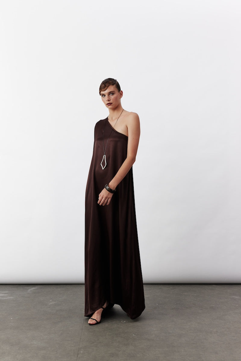VENUS ONE-SHOULDER MAXI DRESS IN DARK CHOCOLATE