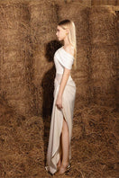 Do Long Mushroom Crystal Long Dress gown featuring elegant mushroom-colored fabric with sparkling crystal embellishments.