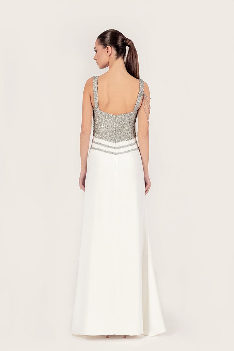 WHITE CRYSTAL-EMBELLISHED MAXI DRESS - CULT MIA