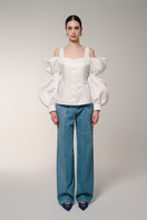 Liya ruffle sleeves shirt in soft fabric, featuring stylish 3/4 length sleeves and a relaxed fit for casual and chic looks.