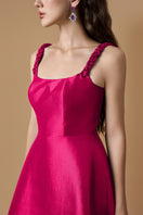 I.H.F pink taffeta silk-lined Maix gown, 3/4 length sleeve with elegant drape and intricate details, perfect for formal occasions.