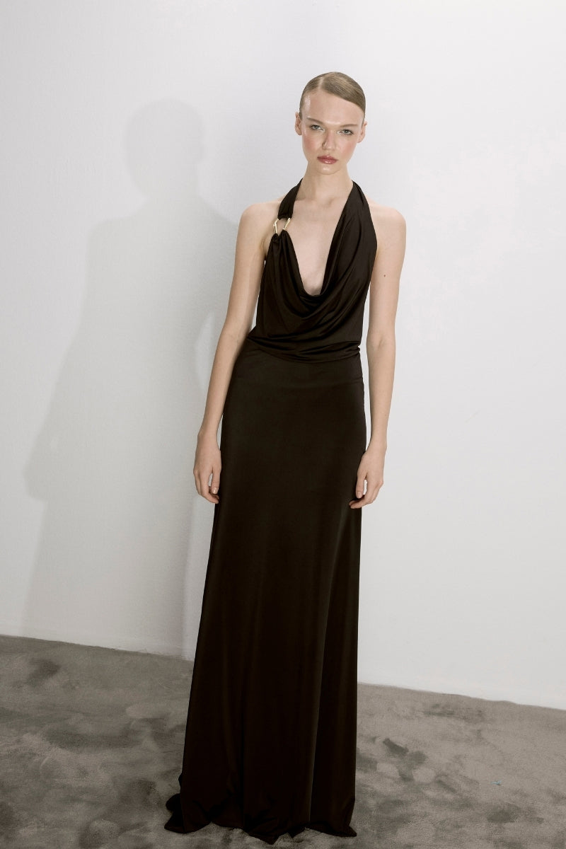 Nazlı Ceren Dakota Jersey Long Dress in black, a stylish maxi dress with a flowing silhouette and soft fabric.