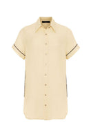 niLuu AQUAFLORA Logan button-down shirt in creme, 3/4 sleeve top with classic collar and subtle floral pattern.
