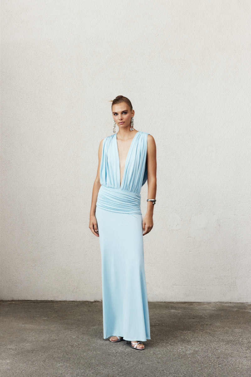 Nazlı Ceren Vivienne long jersey dress in baby blue, stylish maxi dress with a flowing fit and elegant design.