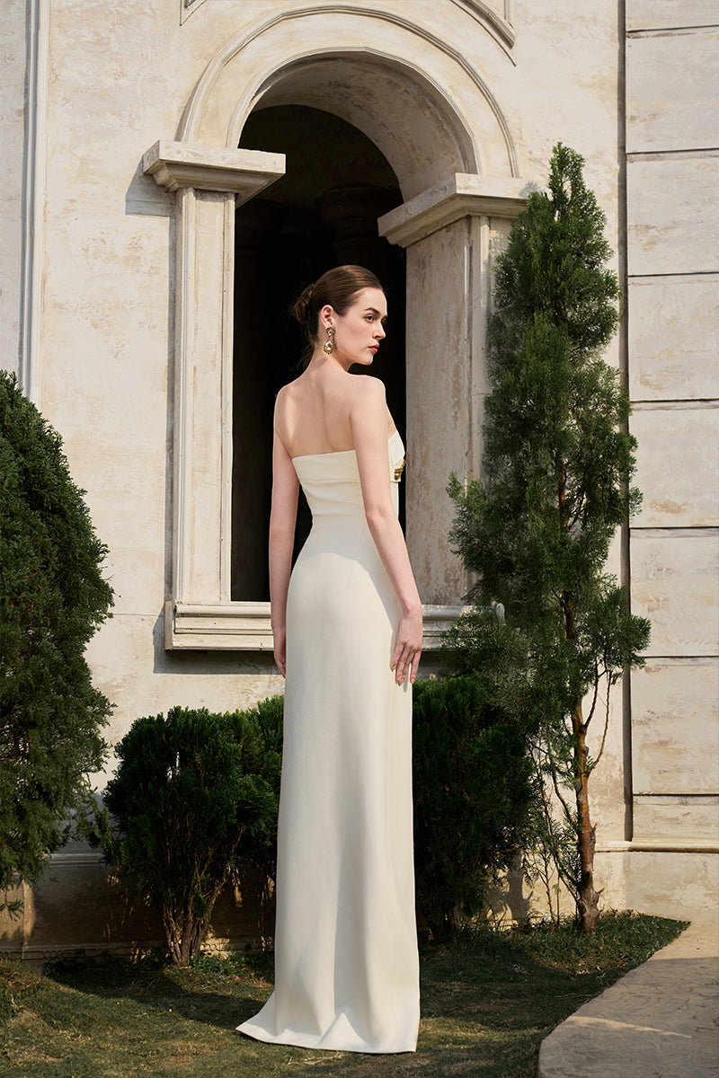 Tracy Studio matte weave gown shown from a 3/4 view, featuring elegant fabric and tailored design for formal occasions.